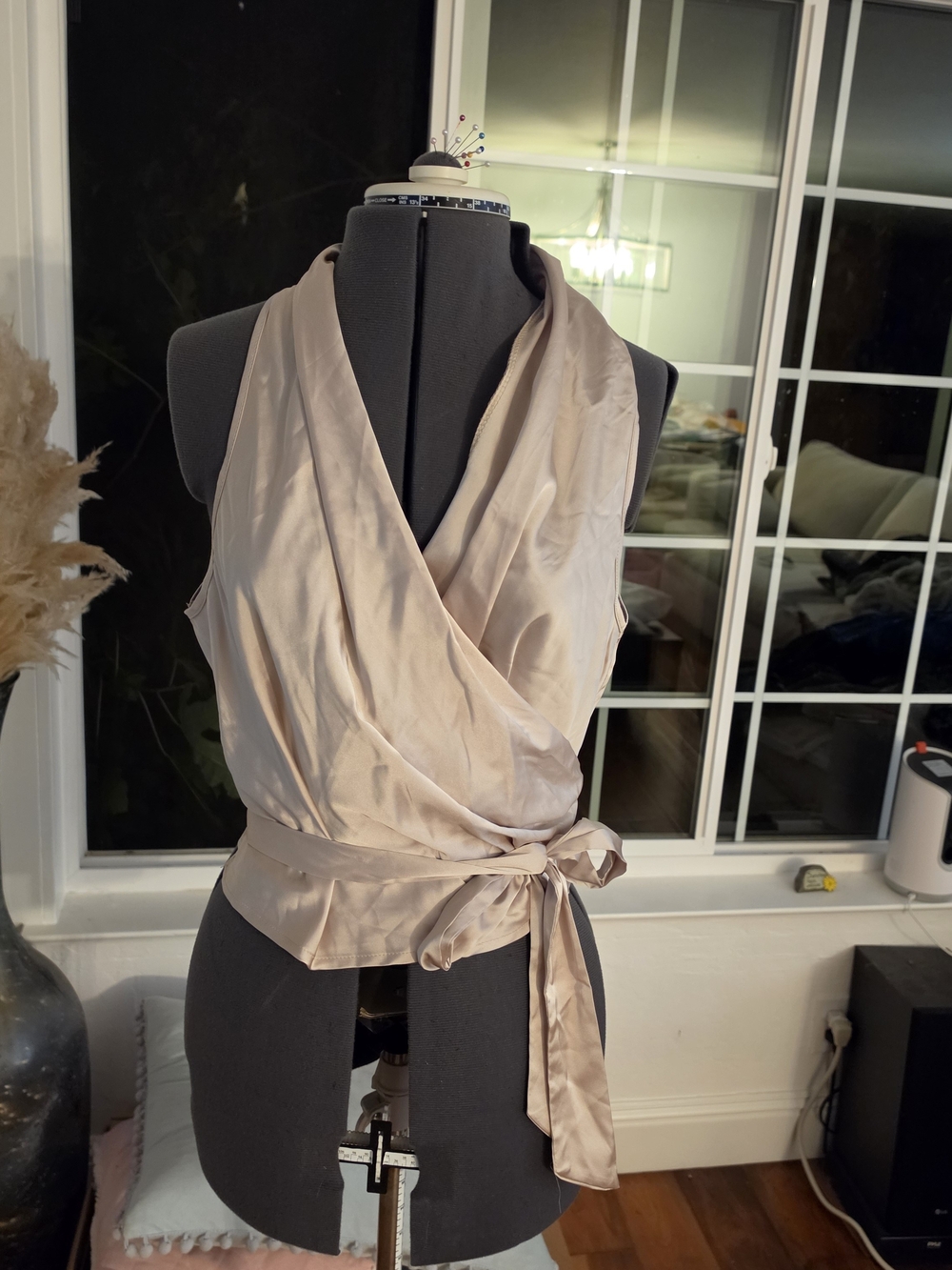 Silky Wrap Tie Front Sleeveless Blouse in Tan/beige